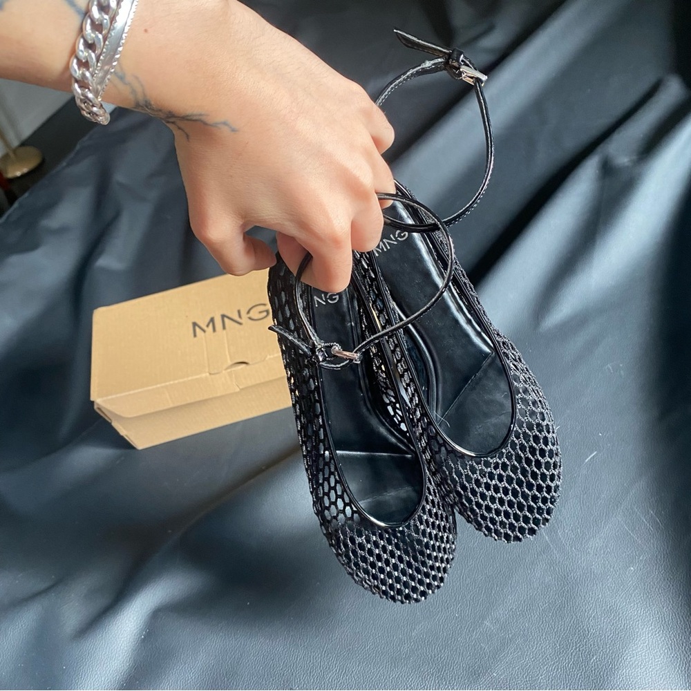MNG by Mango Black Mesh Ankle-Strap Flats